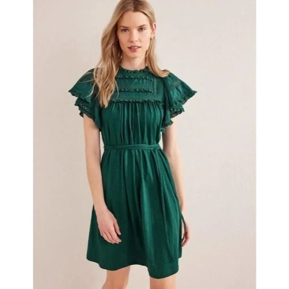 Boden Womens Mini Dress UK 12 US 8 Green Ruffled Flutter Sleeve Belted D0530 NWT